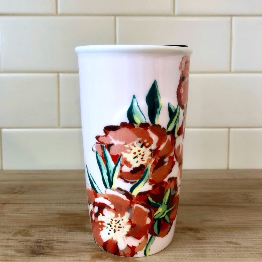 Starbucks 2015 Ceramic Flower Poppy Gold Travel Mug Tumbler